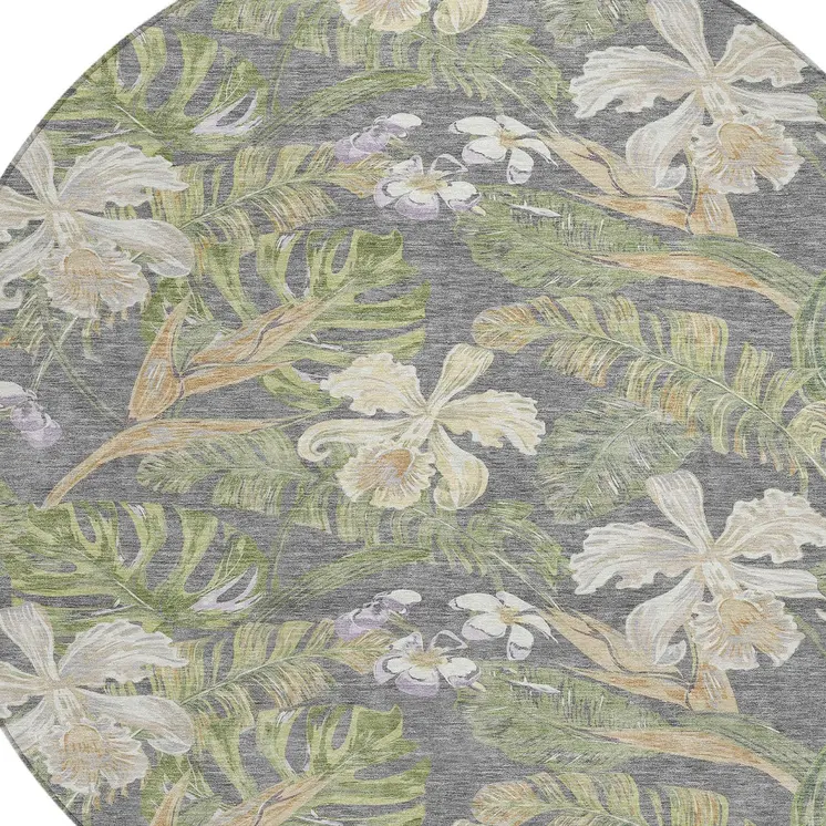 8' Gray Beige And Olive Green Round Botanical Leaves Washable Indoor Outdoor Area Rug