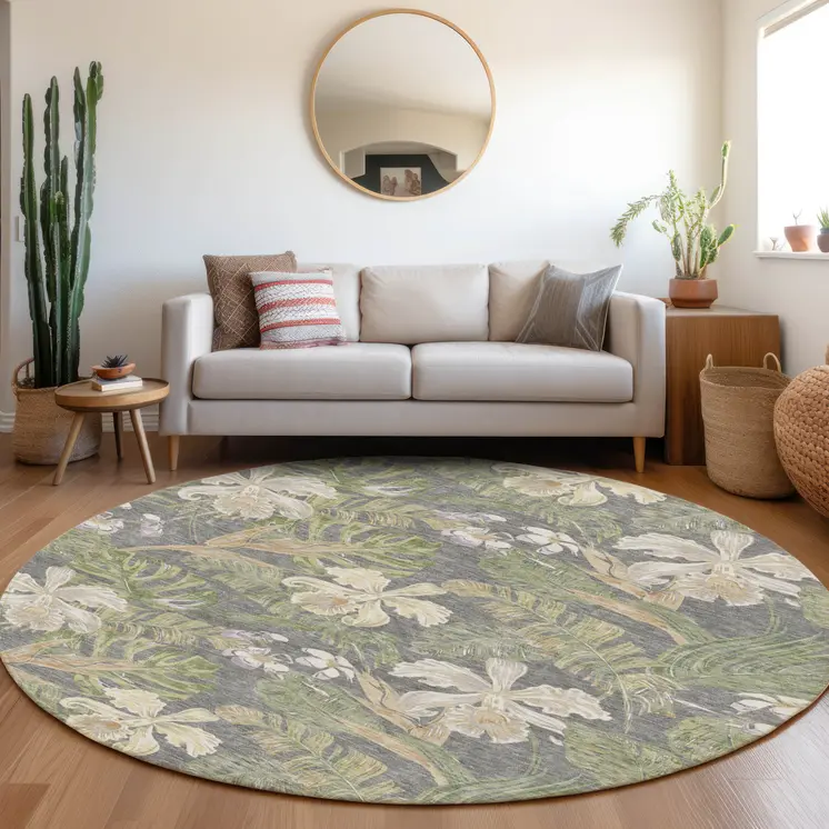 8' Gray Beige And Olive Green Round Botanical Leaves Washable Indoor Outdoor Area Rug