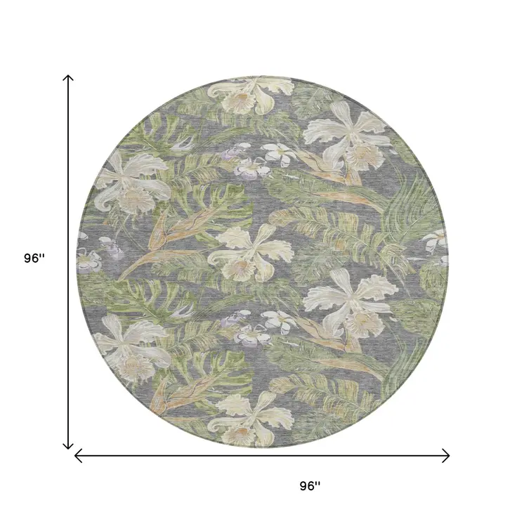 8' Gray Beige And Olive Green Round Botanical Leaves Washable Indoor Outdoor Area Rug