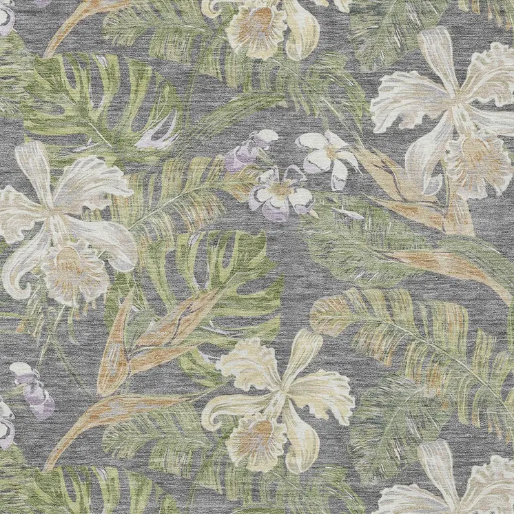 8' X 10' Gray Beige And Olive Green Botanical Leaves Washable Indoor Outdoor Area Rug