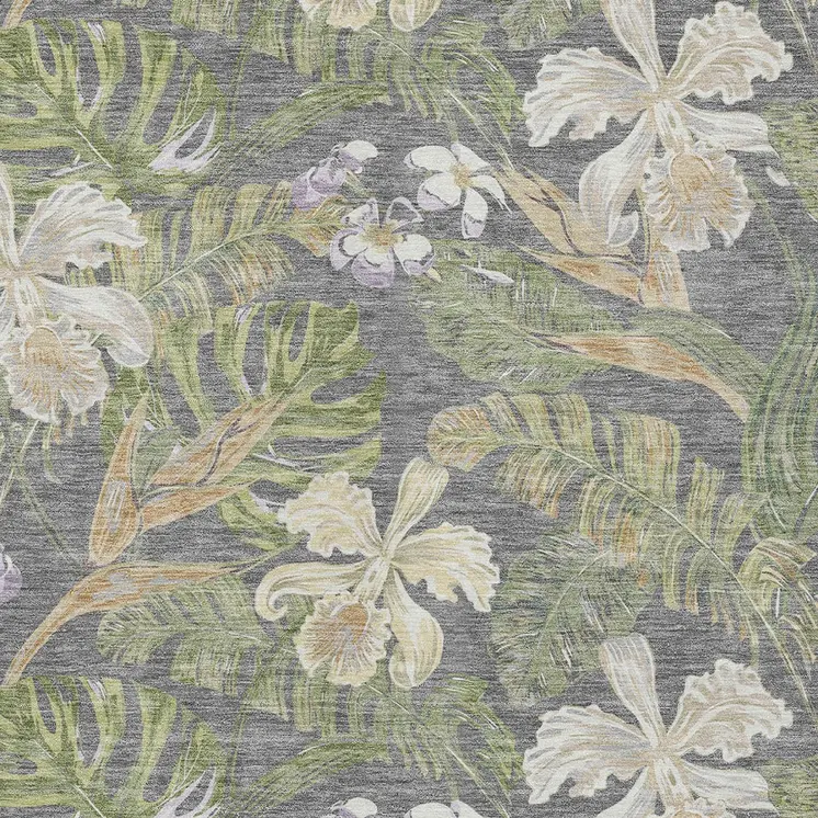 9' X 12' Gray Beige And Olive Green Botanical Leaves Washable Indoor Outdoor Area Rug