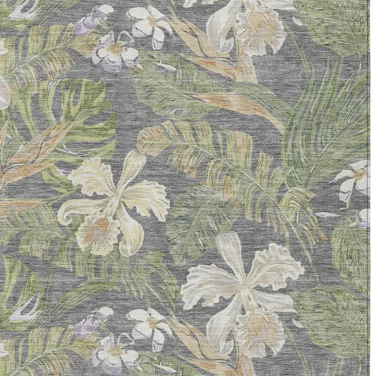 10' X 14' Gray Beige And Olive Green Botanical Leaves Washable Indoor Outdoor Area Rug