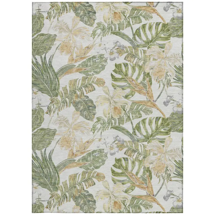 3' X 5' Ivory Wheat And Olive Green Botanical Leaves Washable Indoor Outdoor Area Rug
