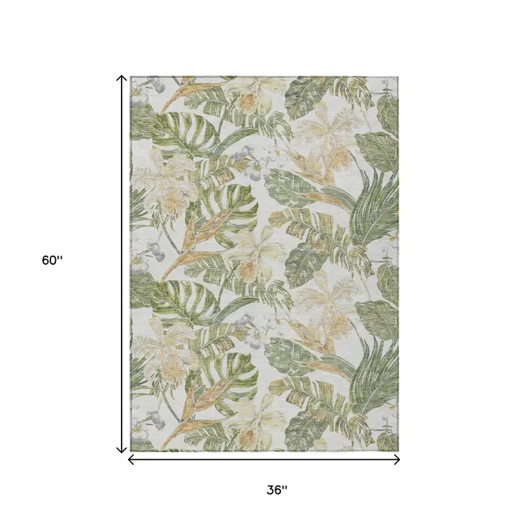 3' X 5' Ivory Wheat And Olive Green Botanical Leaves Washable Indoor Outdoor Area Rug