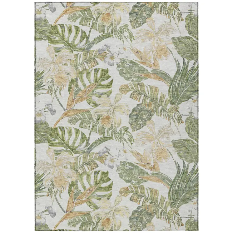 3' X 5' Ivory Wheat And Olive Green Botanical Leaves Washable Indoor Outdoor Area Rug
