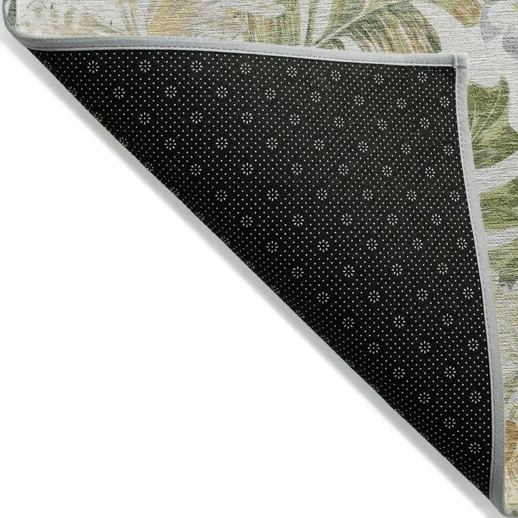 3' X 5' Ivory Wheat And Olive Green Botanical Leaves Washable Indoor Outdoor Area Rug