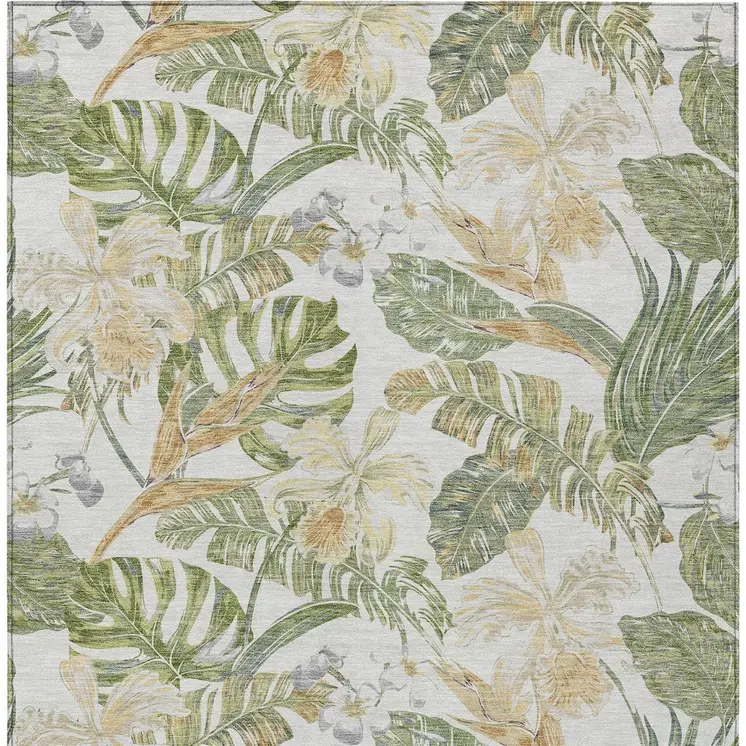3' X 5' Ivory Wheat And Olive Green Botanical Leaves Washable Indoor Outdoor Area Rug