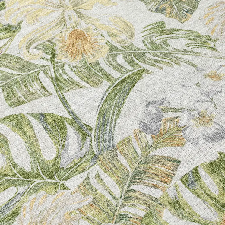 3' X 5' Ivory Wheat And Olive Green Botanical Leaves Washable Indoor Outdoor Area Rug