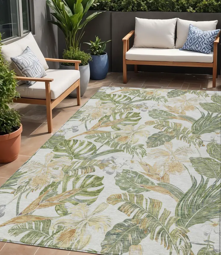 5' X 8' Ivory Wheat And Olive Green Botanical Leaves Washable Indoor Outdoor Area Rug