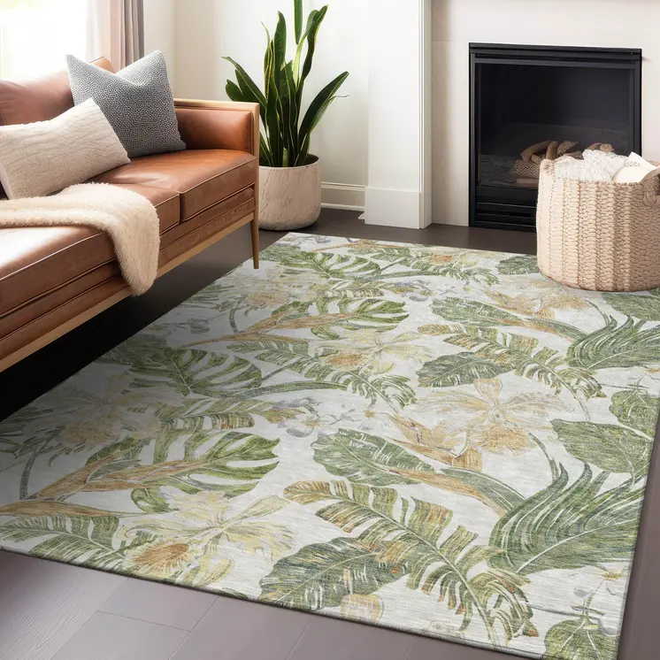 5' X 8' Ivory Wheat And Olive Green Botanical Leaves Washable Indoor Outdoor Area Rug