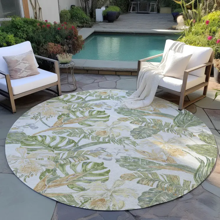8' Ivory Wheat And Olive Green Round Botanical Leaves Washable Indoor Outdoor Area Rug