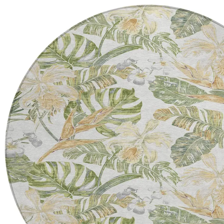 8' Ivory Wheat And Olive Green Round Botanical Leaves Washable Indoor Outdoor Area Rug