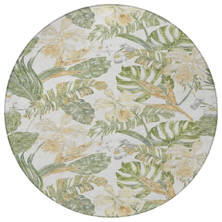 8' Ivory Wheat And Olive Green Round Botanical Leaves Washable Indoor Outdoor Area Rug