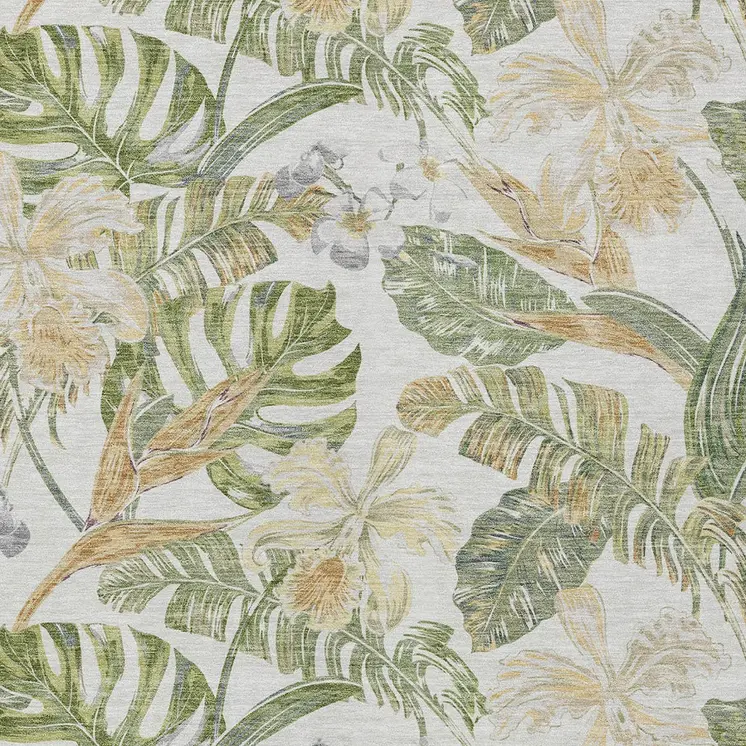 8' X 10' Ivory Wheat And Olive Green Botanical Leaves Washable Indoor Outdoor Area Rug