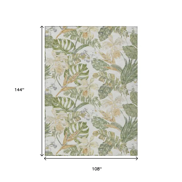 9' X 12' Ivory Wheat And Olive Green Botanical Leaves Washable Indoor Outdoor Area Rug
