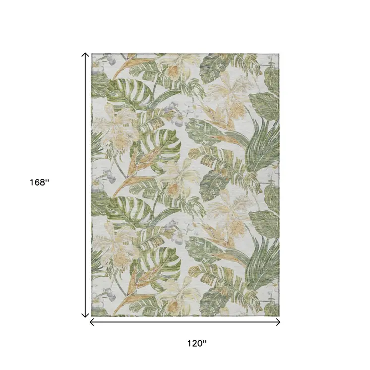 10' X 14' Ivory Wheat And Olive Green Botanical Leaves Washable Indoor Outdoor Area Rug