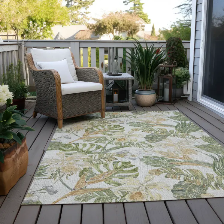 10' X 14' Ivory Wheat And Olive Green Botanical Leaves Washable Indoor Outdoor Area Rug