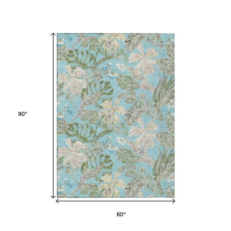 5' X 8' Teal Blue Olive Green And Beige Botanical Leaves Washable Indoor Outdoor Area Rug