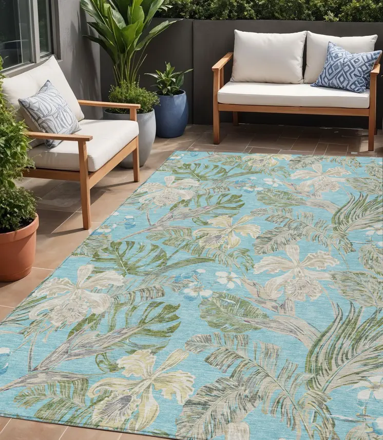 5' X 8' Teal Blue Olive Green And Beige Botanical Leaves Washable Indoor Outdoor Area Rug