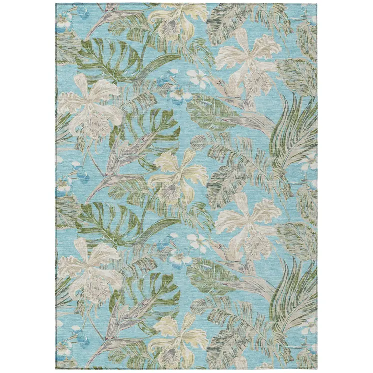5' X 8' Teal Blue Olive Green And Beige Botanical Leaves Washable Indoor Outdoor Area Rug