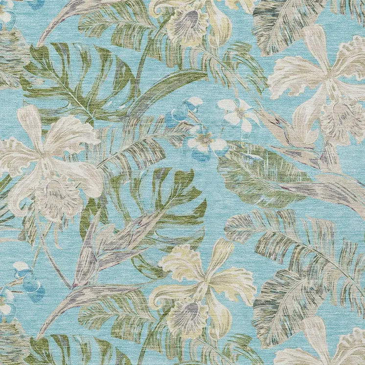 5' X 8' Teal Blue Olive Green And Beige Botanical Leaves Washable Indoor Outdoor Area Rug