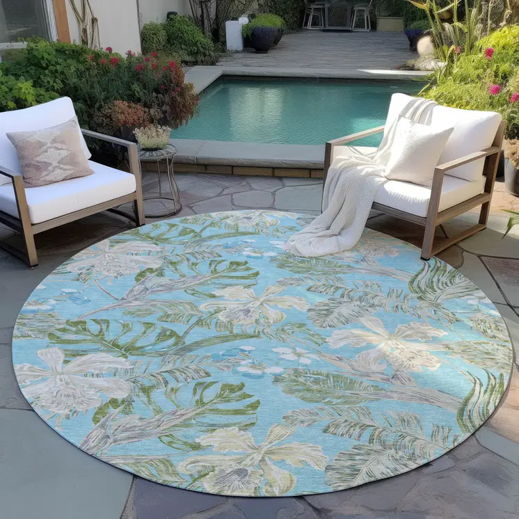 8' Teal Blue Olive Green And Beige Round Botanical Leaves Washable Indoor Outdoor Area Rug