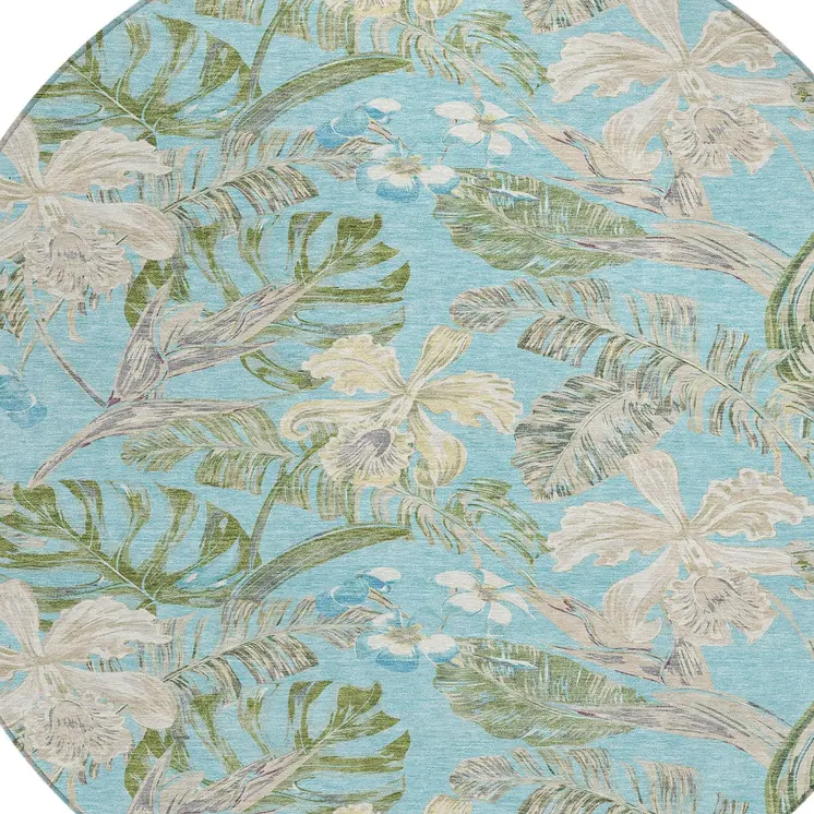 8' Teal Blue Olive Green And Beige Round Botanical Leaves Washable Indoor Outdoor Area Rug