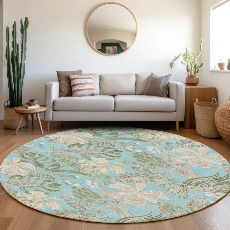 8' Teal Blue Olive Green And Beige Round Botanical Leaves Washable Indoor Outdoor Area Rug