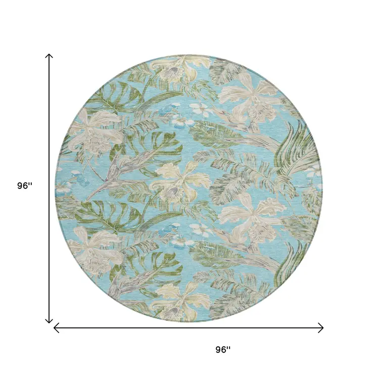 8' Teal Blue Olive Green And Beige Round Botanical Leaves Washable Indoor Outdoor Area Rug