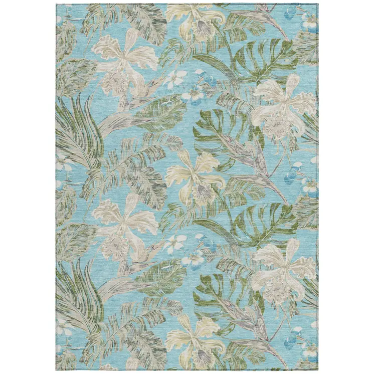 8' X 10' Teal Blue Olive Green And Beige Botanical Leaves Washable Indoor Outdoor Area Rug