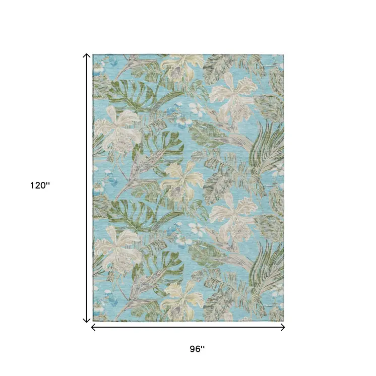 8' X 10' Teal Blue Olive Green And Beige Botanical Leaves Washable Indoor Outdoor Area Rug