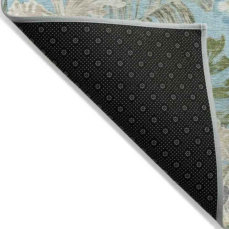 8' X 10' Teal Blue Olive Green And Beige Botanical Leaves Washable Indoor Outdoor Area Rug
