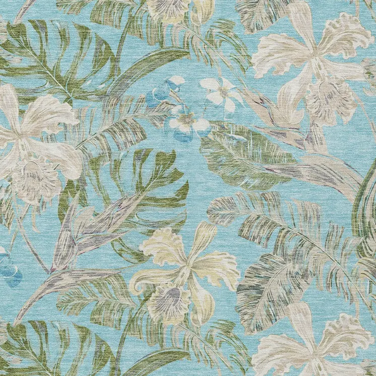 8' X 10' Teal Blue Olive Green And Beige Botanical Leaves Washable Indoor Outdoor Area Rug