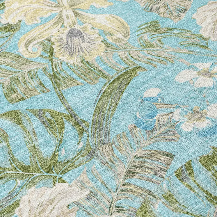8' X 10' Teal Blue Olive Green And Beige Botanical Leaves Washable Indoor Outdoor Area Rug