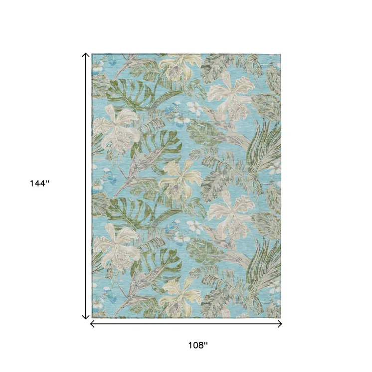 9' X 12' Teal Blue Olive Green And Beige Botanical Leaves Washable Indoor Outdoor Area Rug