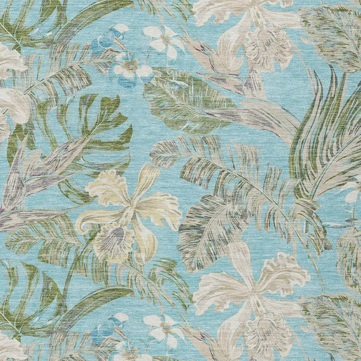 9' X 12' Teal Blue Olive Green And Beige Botanical Leaves Washable Indoor Outdoor Area Rug