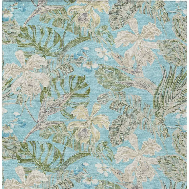 10' X 14' Teal Blue Olive Green And Beige Botanical Leaves Washable Indoor Outdoor Area Rug