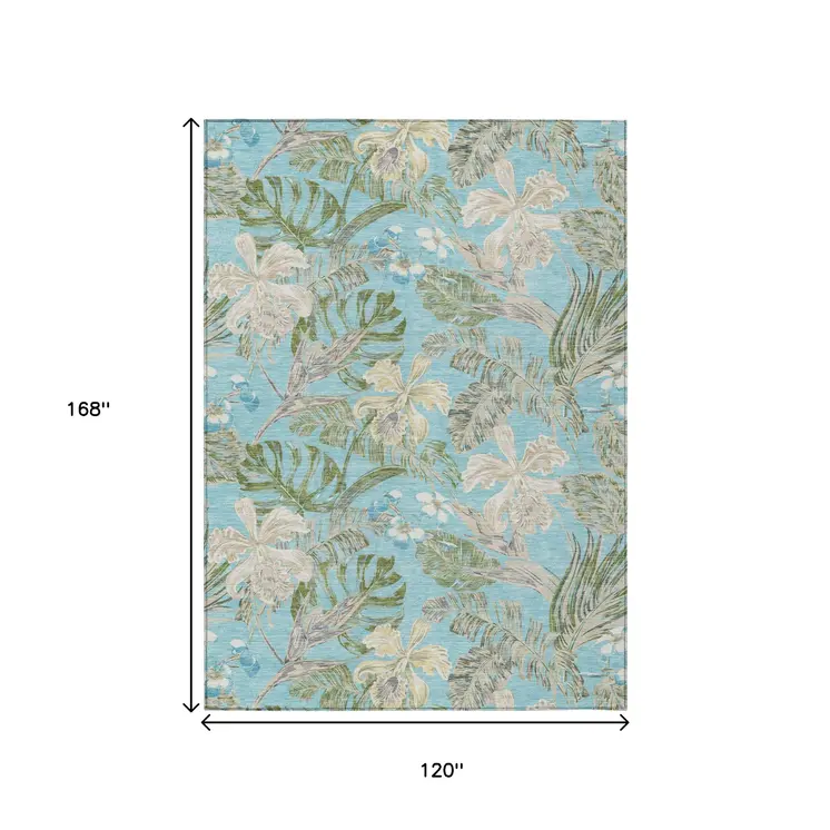 10' X 14' Teal Blue Olive Green And Beige Botanical Leaves Washable Indoor Outdoor Area Rug