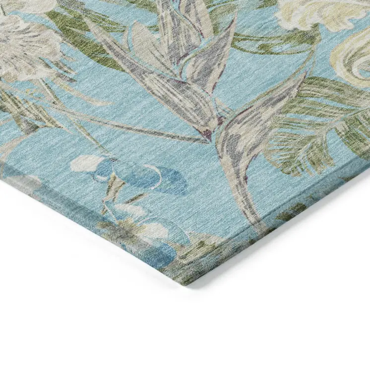 10' X 14' Teal Blue Olive Green And Beige Botanical Leaves Washable Indoor Outdoor Area Rug