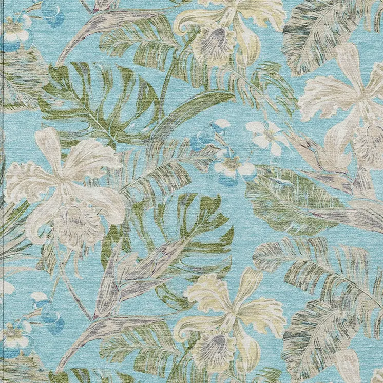 10' X 14' Teal Blue Olive Green And Beige Botanical Leaves Washable Indoor Outdoor Area Rug