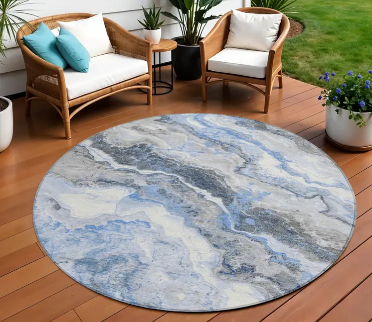 8' Blue And Silver Round Abstract Washable Indoor Outdoor Area Rug
