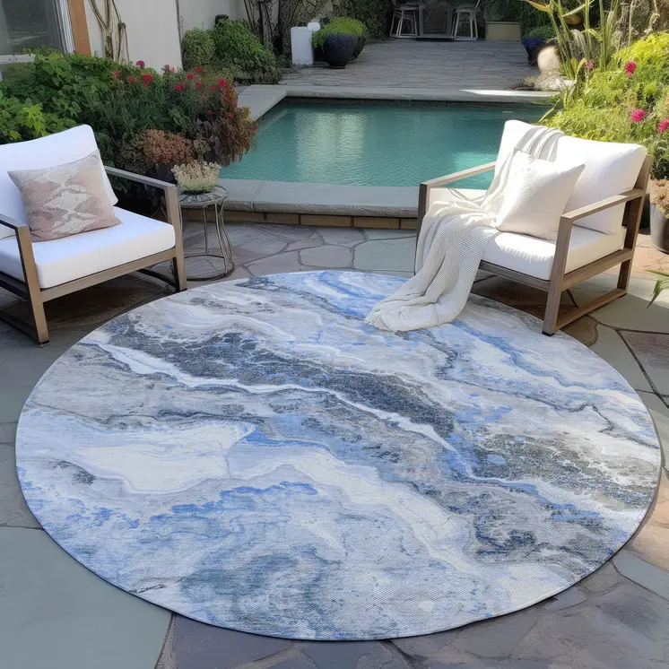 8' Blue And Silver Round Abstract Washable Indoor Outdoor Area Rug