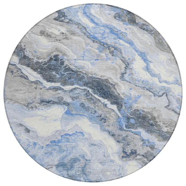 8' Blue And Silver Round Abstract Washable Indoor Outdoor Area Rug