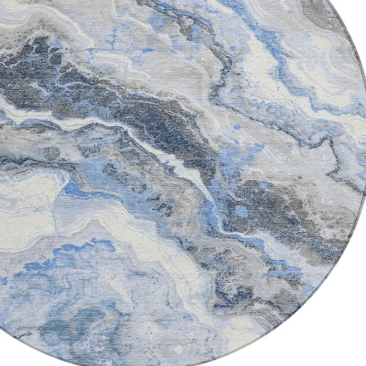 8' Blue And Silver Round Abstract Washable Indoor Outdoor Area Rug