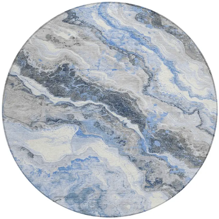 8' Blue And Silver Round Abstract Washable Indoor Outdoor Area Rug