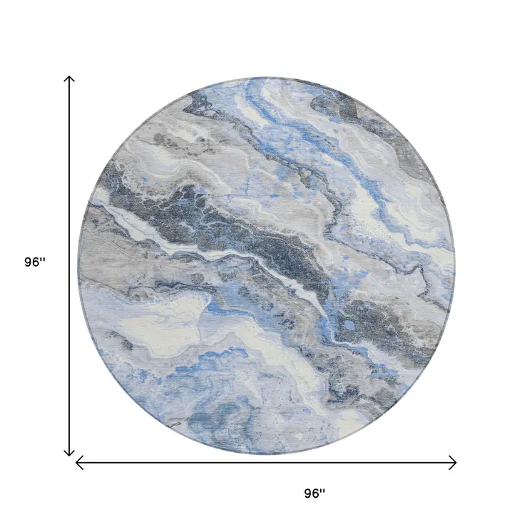 8' Blue And Silver Round Abstract Washable Indoor Outdoor Area Rug