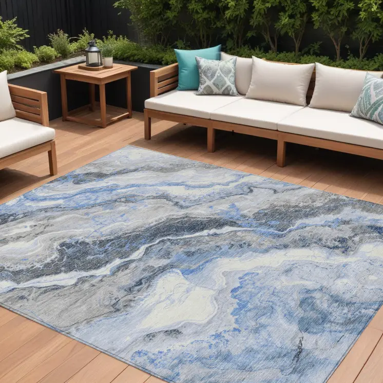 8' X 10' Blue And Silver Abstract Washable Indoor Outdoor Area Rug