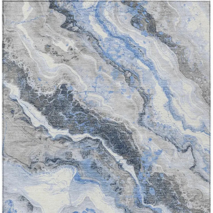 8' X 10' Blue And Silver Abstract Washable Indoor Outdoor Area Rug