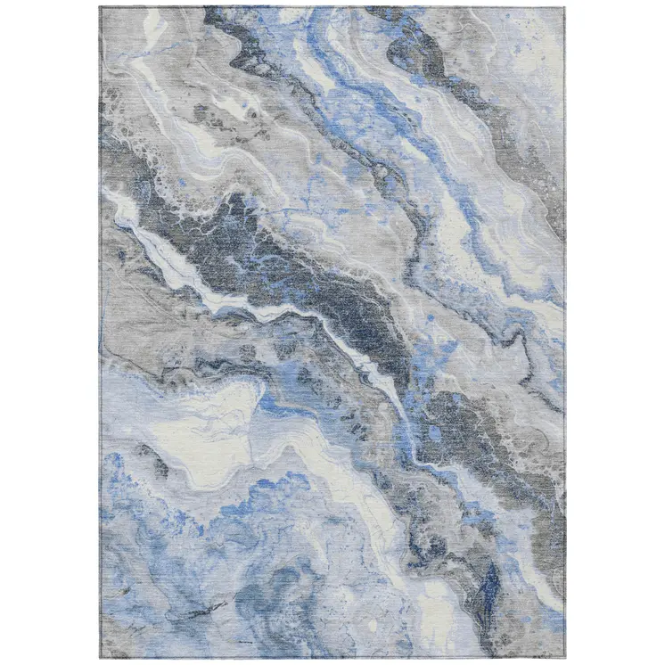 10' X 14' Blue And Silver Abstract Washable Indoor Outdoor Area Rug