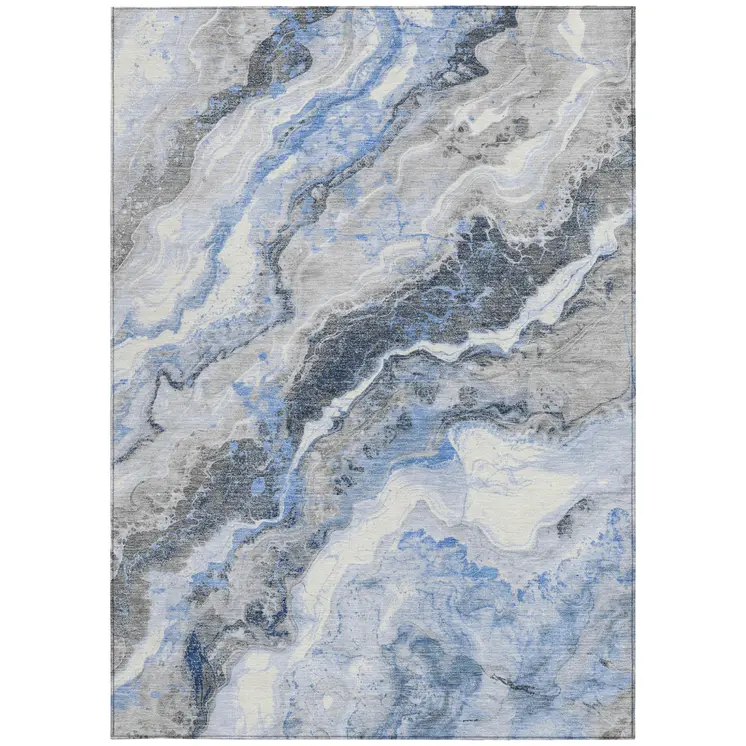 10' X 14' Blue And Silver Abstract Washable Indoor Outdoor Area Rug